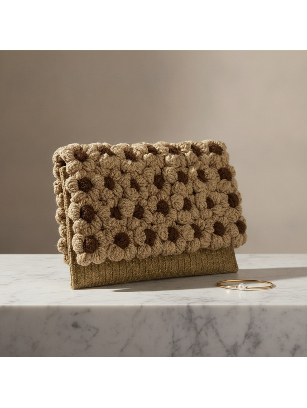 Crochet Floral Straw Crossbody Bag Beige Brown Boho